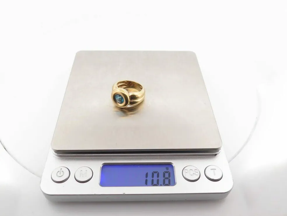 vintage bague double jonc 53 topaze bleu taille ronde or jaune 18k 10.8gr