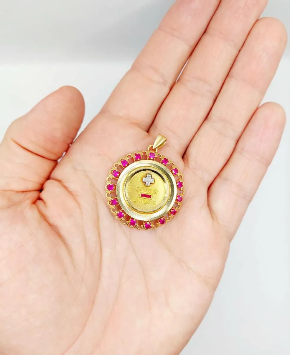 XXL Pendentif médaille d'amour Augis 33 mm or jaune diamant rubis hier demain