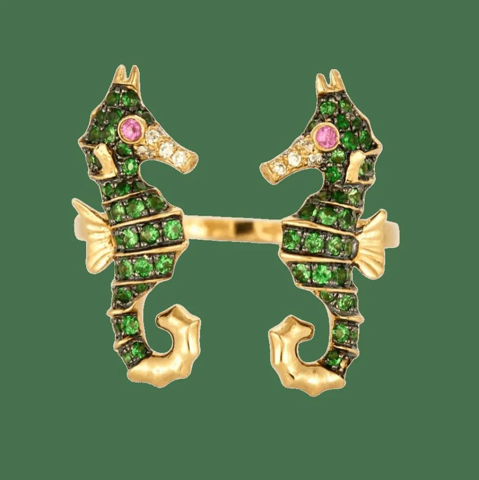 YVONNE LÉON - Bague Hippocampes or jaune, tsavorites , diamants et saphirs roses